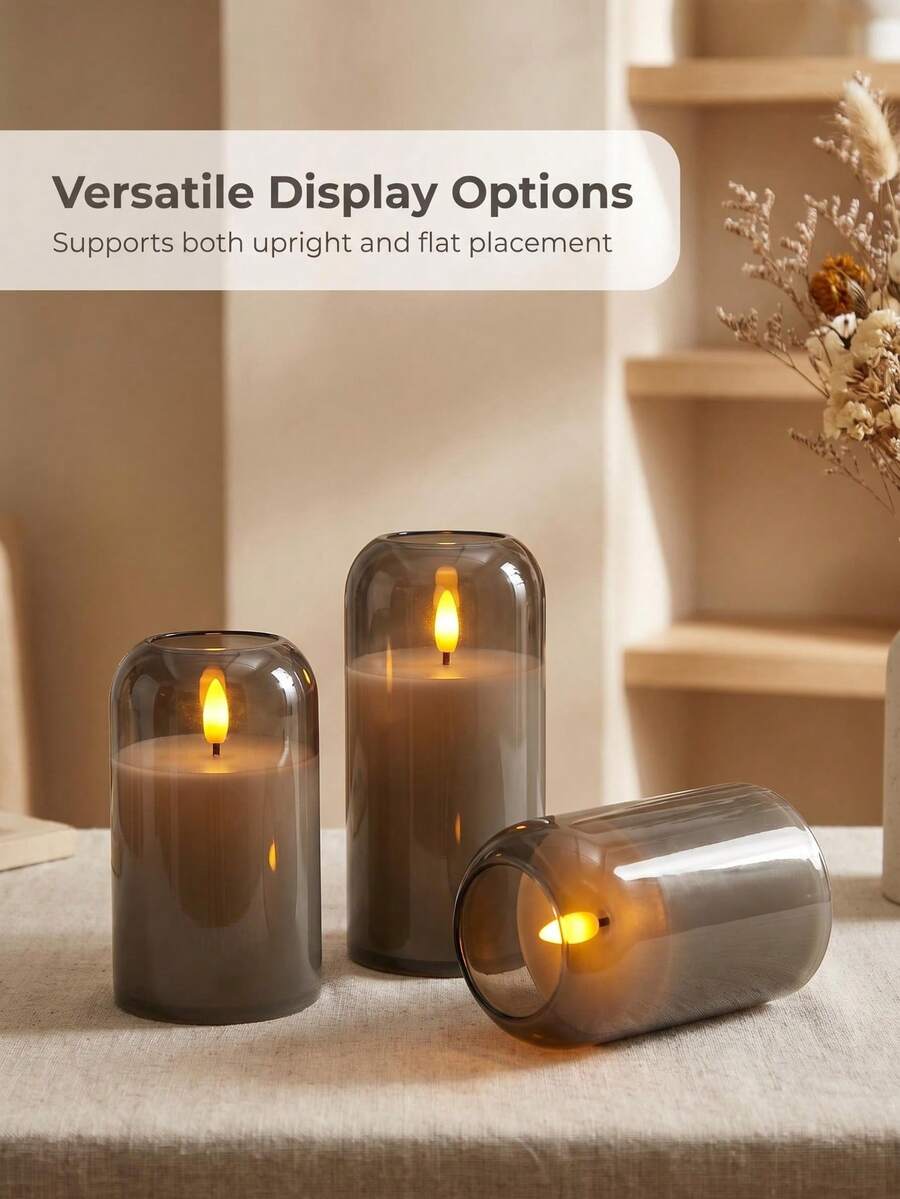 Gray LED Candle Lights, 3-Piece Flameless Candles, Candle Warmers, Candle Holders, 3D Dynamic Flame Battery-Powered Candles (Batteries Not Included), Suitable For Holiday Celebrations, Wedding Occasions, Gift Giving, Fireplace Decor, Home Decoration (Gray, Sizes 3"X4", 5", 6") - Grey - View 1