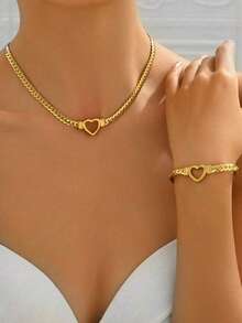 RAYQUEEN 1 Set Fashion Hip-Hop Style Hollow Heart Decor Stainless Steel Jewelry Set (Includes 1 Necklace, 1 Bracelet) Suitable For Women To Wear At Parties Or As A Holiday Gift For Mom - Yellow Gold - View 4