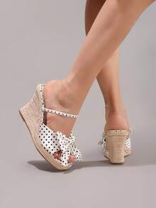Fashionable Rope Wedge Platform Sandals With Polka Dot Pattern, Open Toe, High Heel Slides, Summer Vacation Casual Chunky Heel High Heels For Women - White - View 11