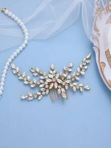 1pc Women's Gold Rhinestone Hair Comb, Elegant Floral Design Bridal Hair Accessory, Suitable For Wedding, Prom And Party - Gold - View 1