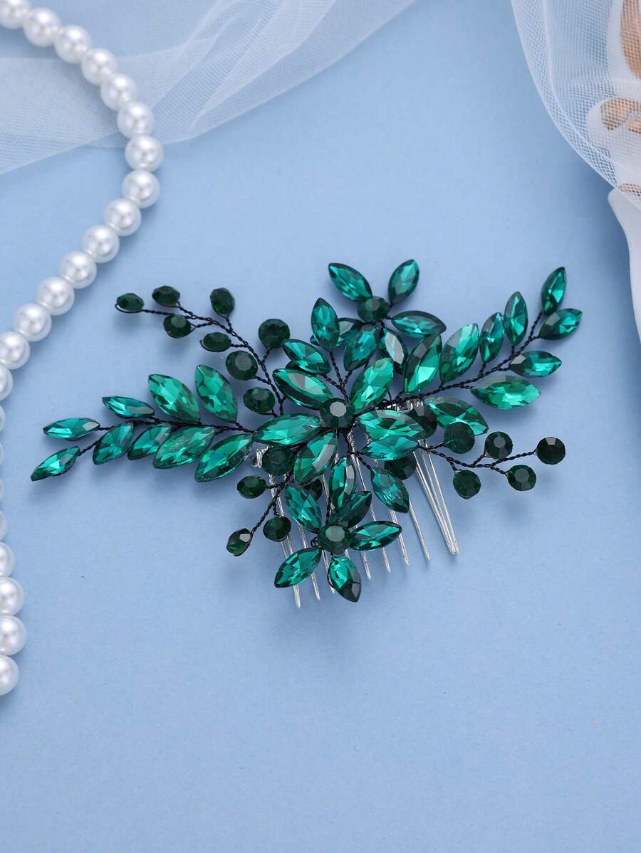 1 pieza Peine para el cabello con flor de cristal transparente plateado, elegante tocado nupcial para boda, baile de graduación, fiesta, accesorio de lujo con strass para mujeres - Verde Oscuro - Ver 1