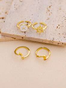 4Pcs/Set Vintage Starfish Sun Shaped Rings Sets For Women Sunmmer Ocean Style Rings Fashion Beach Party Jewelry Gifts - Yellow Gold - View 2