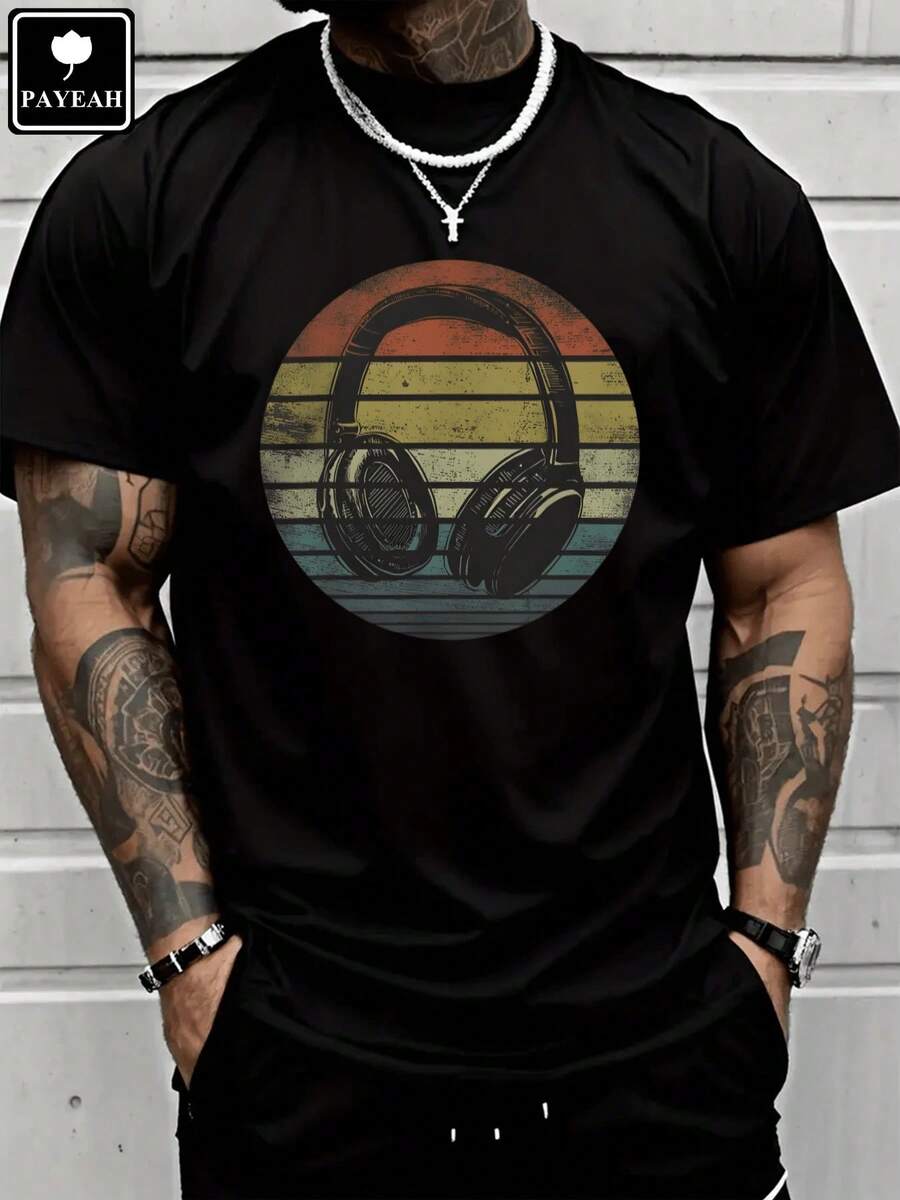 Unisex Heavy Cotton Dj Headphone Crew Neck Music Fan Gift Tee Black Tshirt GUMB - Black - View 1