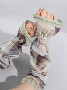 1 Pair Ink Print Chiffon Bell Sleeve Arm Warmers, Soft Thin Breathable Stylish Arm Covers - Light Green - 262 - View 3