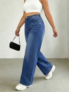 Women's Plus Size Elastic Waist Mid Rise Wide Leg Jeans Baggy Straight Leg Casual Jeans For Curvy Loose Fit Denim Pants Summer Fall - Blue - View 3