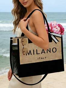 女款「MILANO」藝術字母圖案沙灘托特包套組，時尚可折疊沙灘包，適合游泳與海邊旅行，亦可作為女款單肩包、超市購物袋或多功能收納袋，芭蕾風通勤手提包，適合送給女性、母親、老師、朋友、伴娘、學生，開學季禮物 - 彩色 - 查看 5