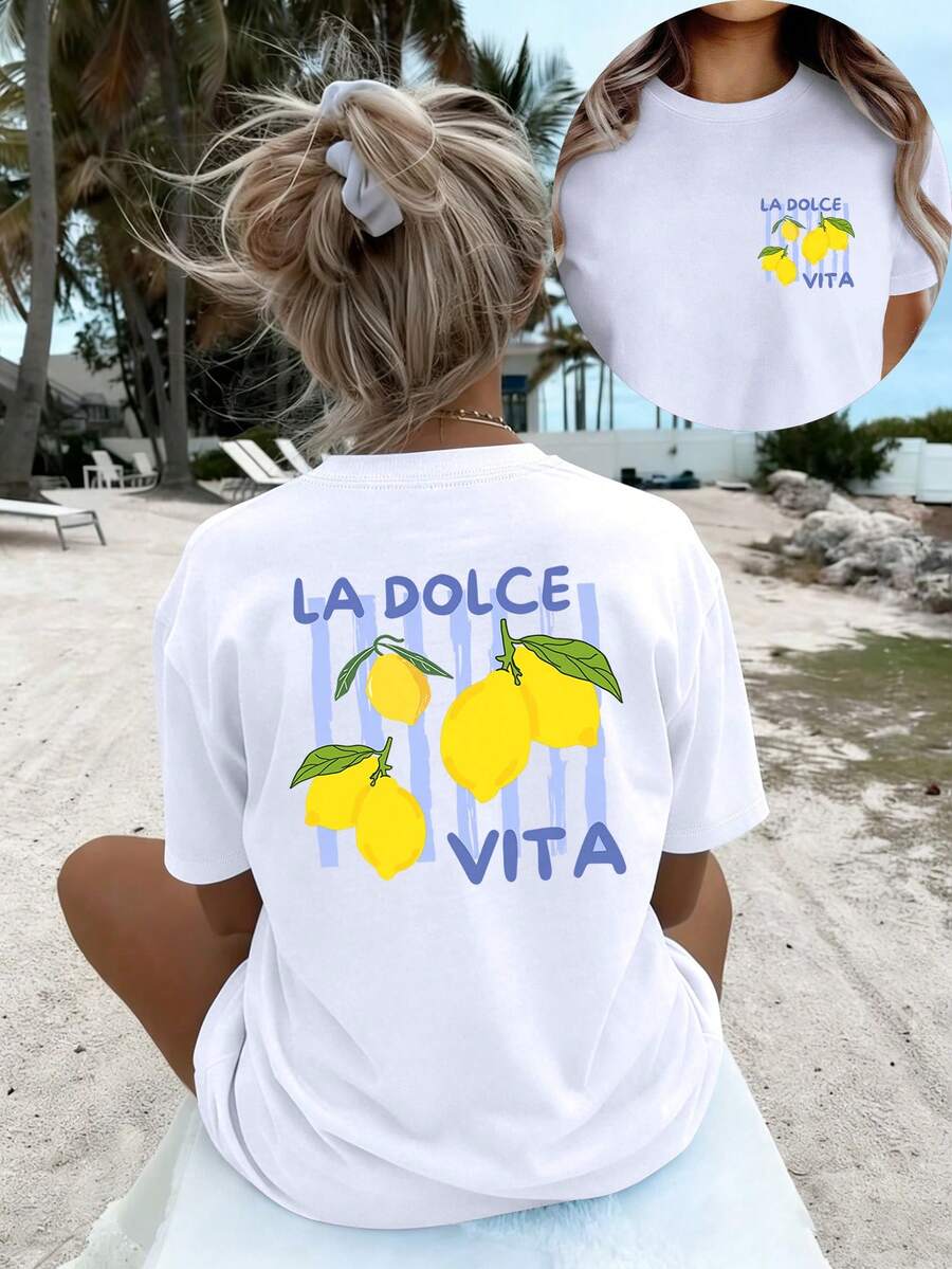 Sommer-Tops 1er-Pack in Übergröße, Urlaubsstil mit Zitronen-Streifen-Blätter-Print, Modisches und Elegantes Damen-T-Shirt, Lässig und Vielseitig, Einfach und Stilvoll - Weiss - Übersicht 1