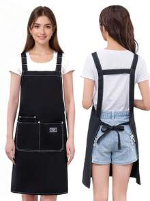 Premium Canvas Kitchen Apron, Cooking Apron, Adjustable Double Shoulder Straps, Unisex, With 2 Large Pockets And 1 Small Pocket, Suitable For Chef Cooking, Gardening, BBQ, Cafe, Painting, Baking, Hairdressing, Nail Art - A - View 1