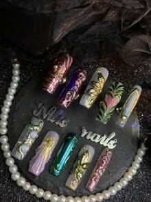 10 piezas de uñas postizas cuadradas largas totalmente cubiertas hechas a mano, de color púrpura&verde&azul claro&dorado, reutilizables, estilo de lujo barroco sirena, adecuadas para festivales, banquetes de cumpleaños, estilo diario, cosplay, con pegamento de gelatina y lima de uñas - Multicolor - Ver 5