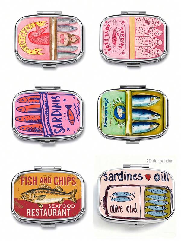 Sardine & Sea Bream Pattern Square Metal Pill Box, Square Mini Pill Box With Compartments, Portable Storage Box For Travel & Home Use, Travel Essential, 2-Compartment Portable Pill Box, Suitable For Storing Medicine, Vitamins, Jewelry, Earrings, Applicable For Travel, Outdoor Activities, Pockets, Handbags - Great Gift For Birthdays And Holidays