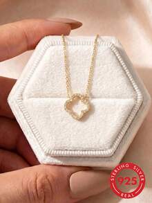 1pc Sterling Silver Four-Leaf Clover Hollow Zirconia Inlay Pendant Necklace, Delicate Minimalist Design, Versatile Choker Necklace, Refreshing For All Seasons Valentines - Necklace - View 2