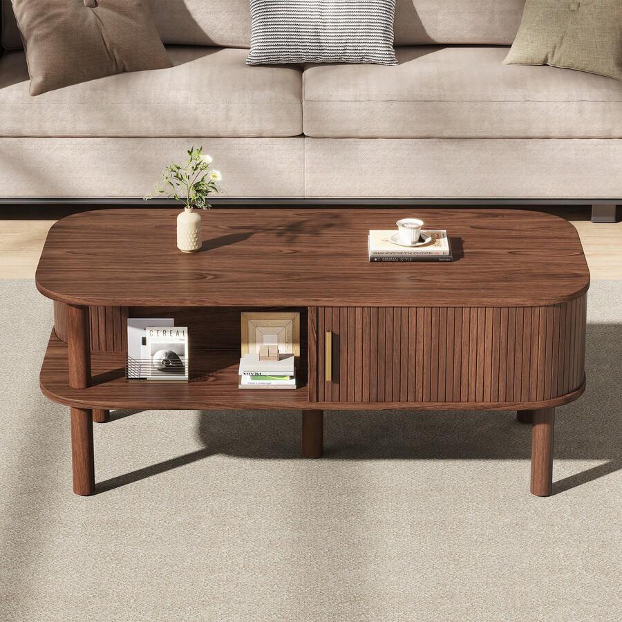 Coffee Table 110 * 55 * 45 Cm Made Of MDF, Living Room Table With Roll-Up Door, Open Compartments For Storage, Load Capacity Up To 60 Kg, Scandinavian Coffee Table, Side Table For Sofa, Coffee Table, Walnut Color. - 胡桃木色 - 查看 1