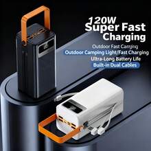 40000mAh Power Bank mit 22.5-W-Schnellladung,Tragbares Ladegerät Externer Akku geeignet für Smartphones mit 4 Integrierten Kabeln und Camping Taschenlampe(4*10000mAh Batteriezelle) - Schwarz - Übersicht 2