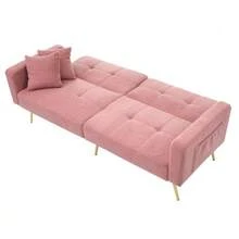 Sofa Bed With Adjustable Angle, Gold Legs, Cushions And Side Storage Pockets. - Pink - View 3