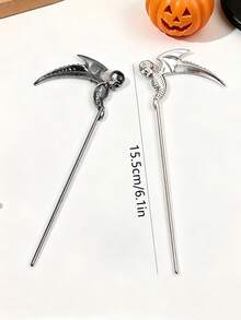 2pcs Halloween Creative Metal Skeleton Wing Scythe Hair Stick, Dark Style Bun Hair Accessory For Holiday Party - Multicolor - View 3