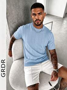 GRDR Men's Summer Knit Solid Ribbed Short Sleeve Sweater, Sporty Casual, Suitable For Outdoor Activities - Baby Blue - View 4