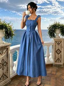 Blue Bow Strap Midi Dress, Square Neck Front Button Pleated Flowy Long Sundress For Women, High Waist A-Line Vacation Beach Dress - Blue - View 3