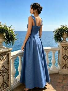 Blue Bow Strap Midi Dress, Square Neck Front Button Pleated Flowy Long Sundress For Women, High Waist A-Line Vacation Beach Dress - Blue - View 4