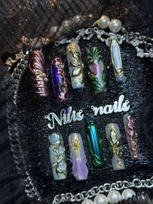 10 piezas de uñas postizas cuadradas largas totalmente cubiertas hechas a mano, de color púrpura&verde&azul claro&dorado, reutilizables, estilo de lujo barroco sirena, adecuadas para festivales, banquetes de cumpleaños, estilo diario, cosplay, con pegamento de gelatina y lima de uñas - Multicolor - Ver 4