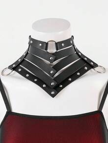 1 PC Women's Fashion New Multi-Layer V-Shaped PU Leather Choker, Silver Rivet Metal Ring Adjustable Neck Strap, Dark Punk Gothic Style Neck Accessory, Suitable For Daily, Vacation, Music Festival And Other Personalized Outfit Occasions - Black - View 4