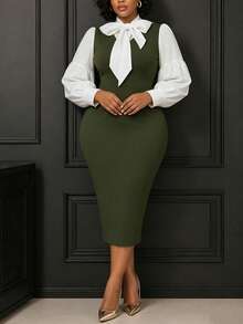 Vestido de manga farol de color block de longitud media para mujer, ajuste generoso para diversos tipos de Body, diseño de cuello con caída de color block extra larga, silueta ajustado que cintura la cintura resaltando las curvas, estilo minimalista y elegante adecuado para uso diario, ropa de trabajo y ocasiones - Multicolor - Ver 6