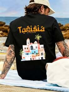 T-Shirt With Tunisian Pattern And Old City Illustration, 100% Cotton, Short Sleeves, Loose Fit, Retro Travel And Vacation Style, Macar Colors. - Black - View 1