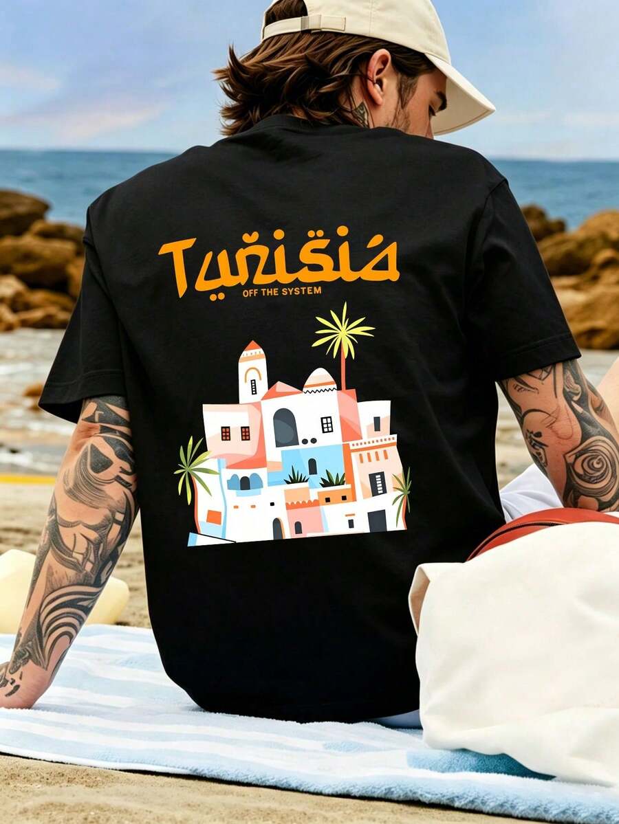 T-Shirt With Tunisian Pattern And Old City Illustration, 100% Cotton, Short Sleeves, Loose Fit, Retro Travel And Vacation Style, Macar Colors. - Black - View 1