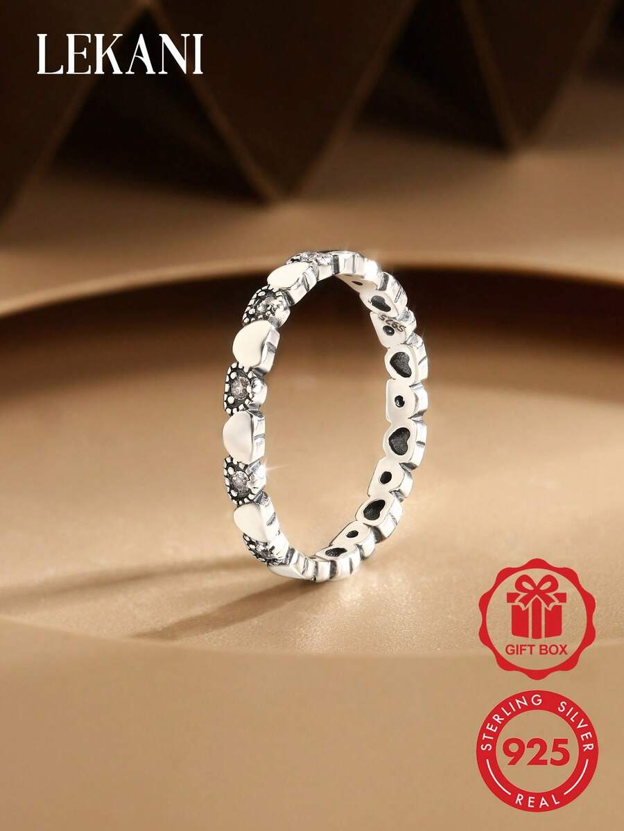 LEKANI 1pc S925 Sterling Silver Ring, Summer Commemorative American Gift, Silver Band Ring With Heart-Shaped Rhinestone, Women's Jewelry Accessory, Silver Jewelry, Gift For Mother, Girlfriend, Daily Elegant Gift - White - View 1