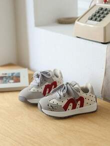 1 Pair Girls' Polka Dot & Leopard Print Patchwork PU Breathable Low-Top Hook & Loop Flat Retro Sneakers, Suitable For Spring/Autumn Daily Outdoor Wear - Red - View 2