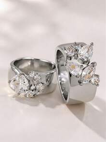 4pcs/2pcs Set Couple Geometric Zirconia Rings, Square & Asymmetric Combination Sparkling Personalized, Couple Hip-Hop Street Style Stackable Rings, Suitable For Back To School Season, Couple Outfits, Anniversary And Holiday Jewelry - Women's Open Ring Two-piece Set - View 4