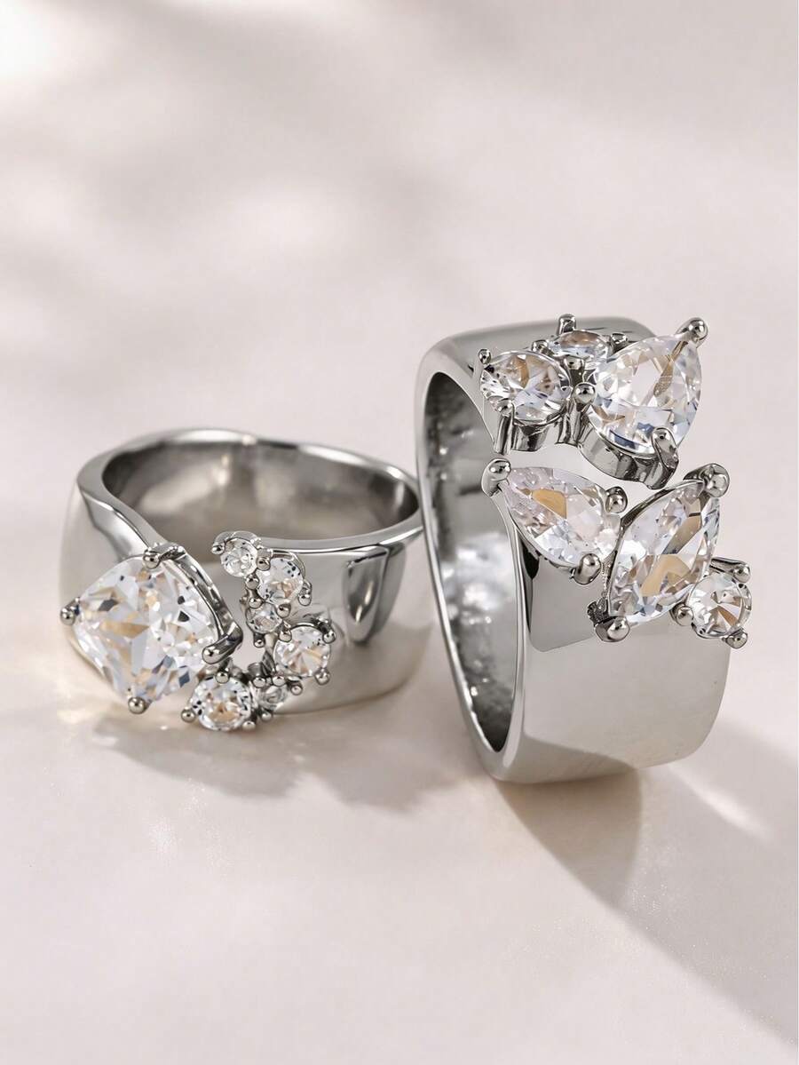 4pcs/2pcs Set Couple Geometric Zirconia Rings, Square & Asymmetric Combination Sparkling Personalized, Couple Hip-Hop Street Style Stackable Rings, Suitable For Back To School Season, Couple Outfits, Anniversary And Holiday Jewelry - Women's Open Ring Two-piece Set - View 1
