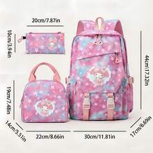 Miniso 粉藍漸層星星蕾絲框蝴蝶結 My Melody 印花後背包三件組，含手提包與鉛筆袋，適用學校、旅行、露營與日常通勤 - 粉色 - 查看 5