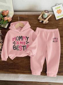 Baby Girl Cartoon Print Hooded Warm Sweatshirt And Pants Set - Pink - View 1
