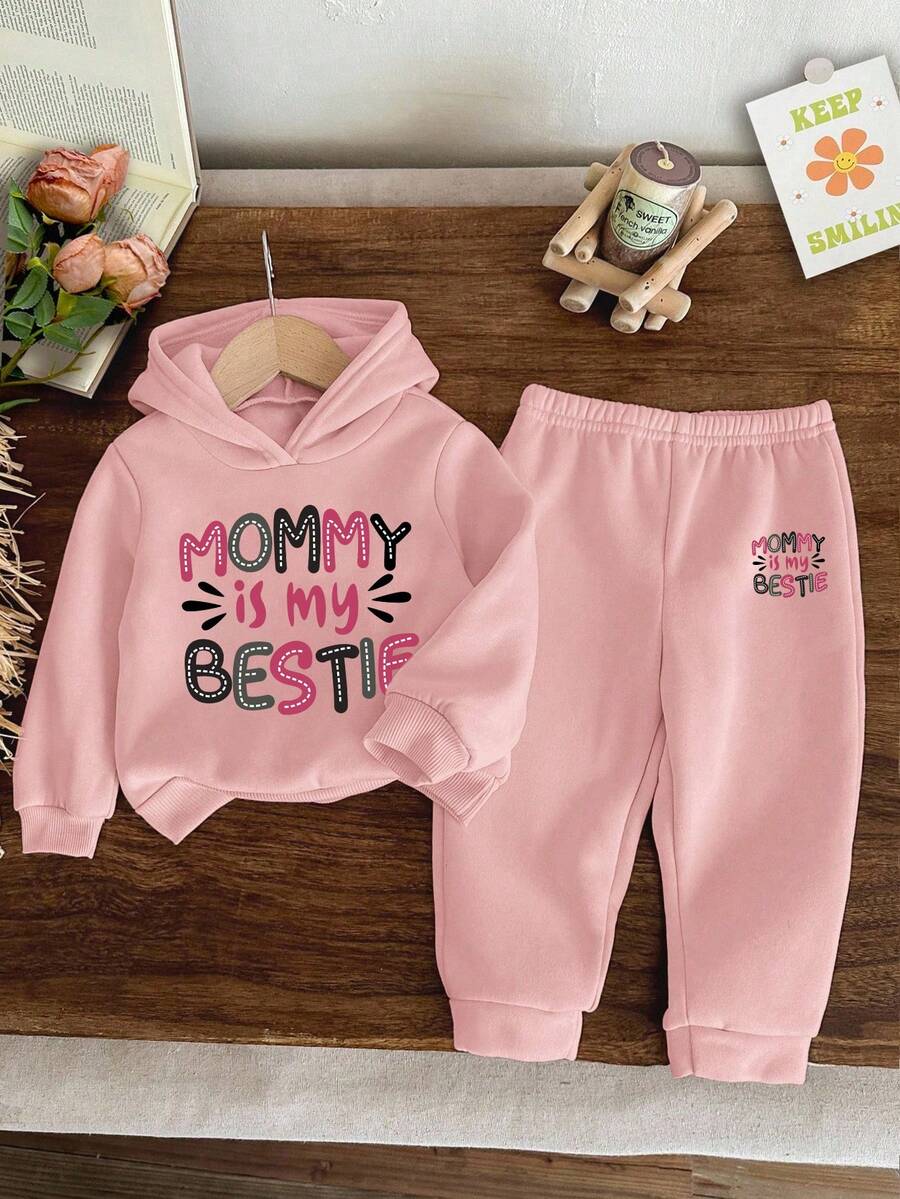 Baby Girl Cartoon Print Hooded Warm Sweatshirt And Pants Set - Pink - View 1