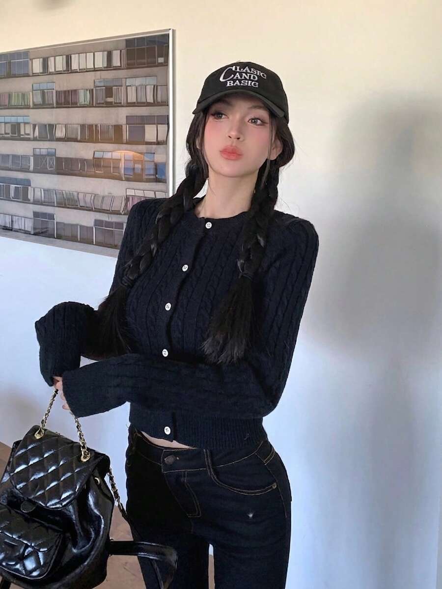 Korean Style Solid Color Versatile Slim Fit Cable Knit Long Sleeve Round Neck Cardigan - Black - View 1