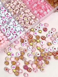 300/840pcs Pink, Red, White Multi-Color Golden Letter Beads And Heart-Shaped Acrylic Beads Combination Set - Jewelry Making Kit - Suitable For Jewelry Making DIY, Handmade Bracelets, Necklaces Craft Supplies - Pink - View 6