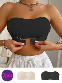 2Pcs Women Solid Seamless Strapless Wireless Bandeau Bra, Full Coverage Soft Lift Minimalist Unpadded Layering Bra For Daily Formal Occasions - Multicolor - View 1