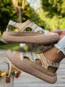 Women's New Vintage Colorblock Mesh Rainbow Striped Knit Closed-Toe Sandals, Soft Elastic Shock-Absorbing Casual Beach Shoes, Sneakers For Women - Khaki - View 4