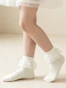 4 Pairs Solid Color Cotton Lace Trim Double Layer Princess Ballet Dance Socks For Kids & Toddlers - Champagne - View 5