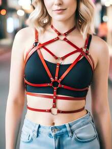 1件女款紅色哥德風束腰，附肩帶，適合夜店、跳舞、派對或電音派對 - 紅色 - 查看 4
