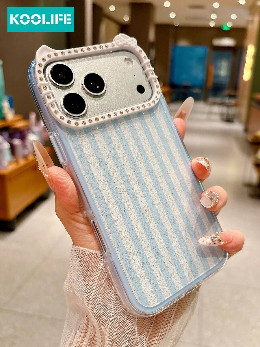 KOOLIFE Fashion Striped Glitter Rhinestone Kitty Cat Shaped Apple Phone Case, 3-In-1 Full Coverage, Shockproof, Anti-Collision Protective Case, Compatible With IPhone 17 Pro Max/16/15/14/13 Pro Max/17 Pro/17/15 Pro/16 Pro/14 Pro/13 Pro/16 Pro Max/15 Pro Max/13, 14/15/16 Plus, Suitable For Daily Wear And Matching, Gift Choice For Couples And Holidays