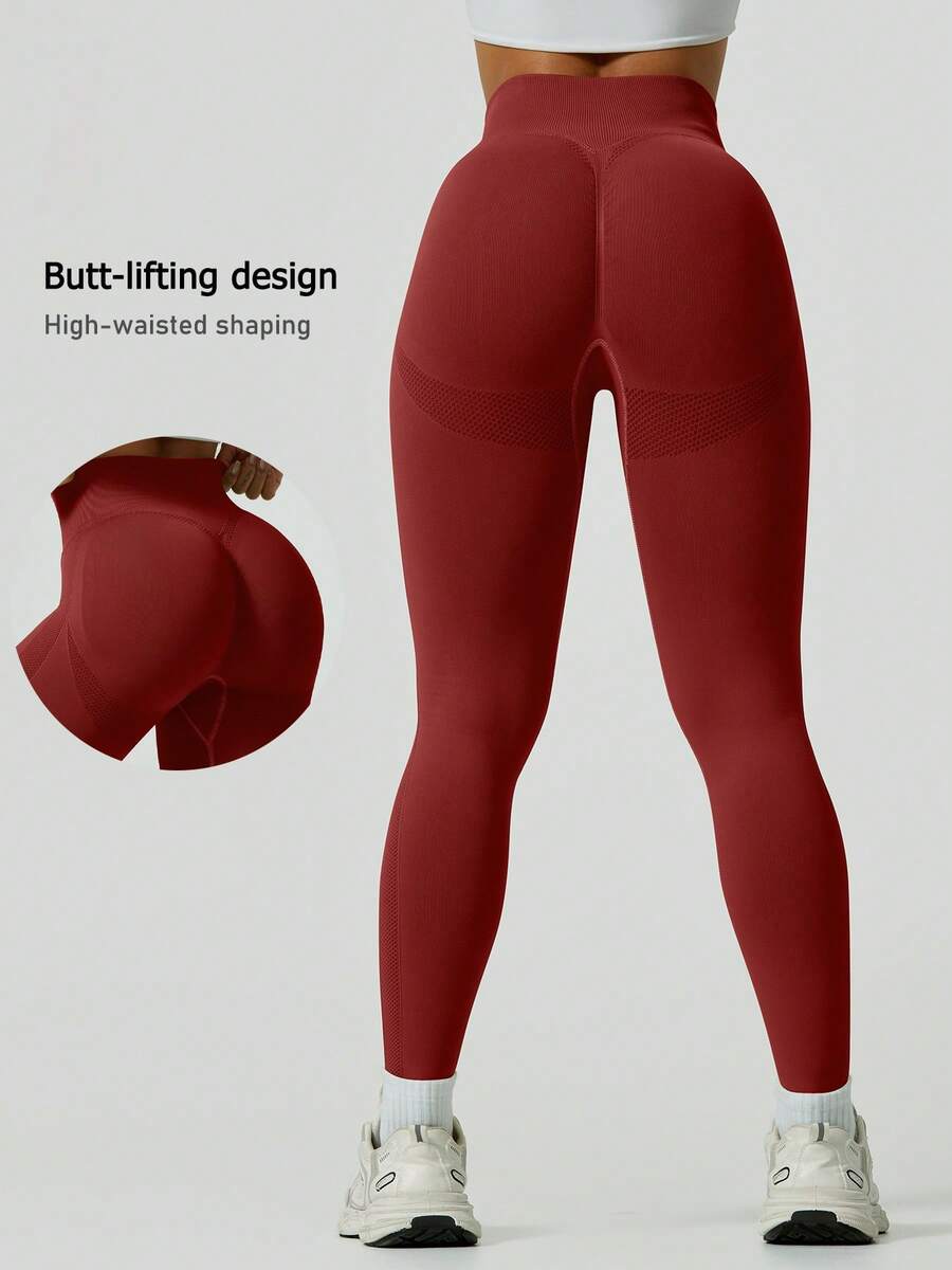 NcmRyu 1pc Women's Fashion Elastic Solid Color Ribbed Patchwork High Waist Butt-Lifting Sports Leggings - Red - View 1