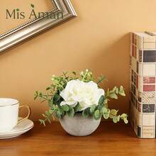 Artificial Plant With Grey Cement Pot, Three-Color Roses, Small And Delicate, Suitable For Decorating Kitchen, Office, Windowsill, Bedroom And Other Spaces, Maintenance-Free - White - View 1