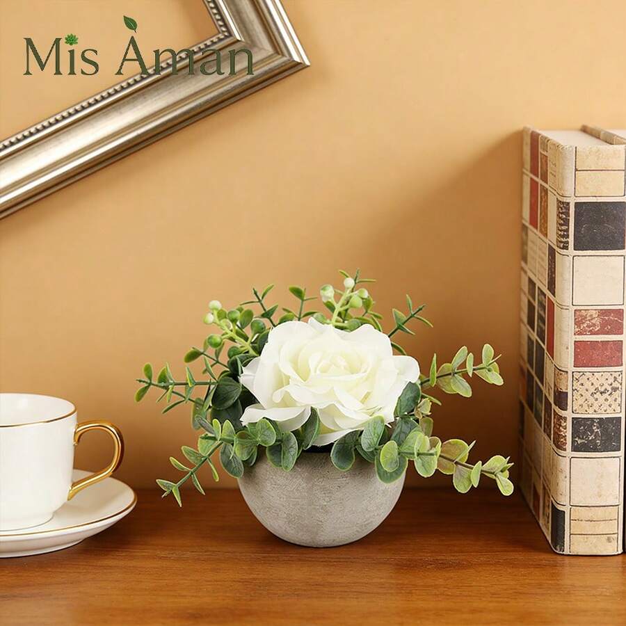 Artificial Plant With Grey Cement Pot, Three-Color Roses, Small And Delicate, Suitable For Decorating Kitchen, Office, Windowsill, Bedroom And Other Spaces, Maintenance-Free - White - View 1