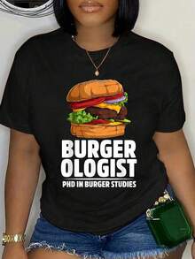 100% Cotton Burgerologist Phd In Burger Studies Hamburger T-Shirt Women's Graphic Tee Black Tops Summer Tee Fashion Shirts - Black - View 1