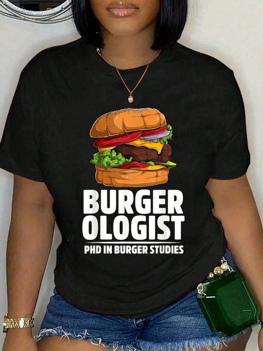 100% Cotton Burgerologist Phd In Burger Studies Hamburger T-Shirt Women's Graphic Tee Black Tops Summer Tee Fashion Shirts - Black - View 1