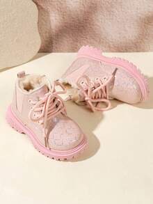 1 Pair Kids' Glossy Iridescent Ankle Boots With Side Zipper Dual Design, Dirt-Resistant Versatile Winter Boots For Kindergarten - Pink - View 2
