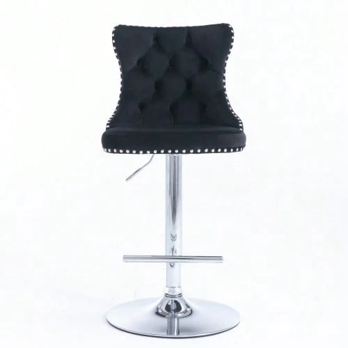 Swivel Bar Stools In Velvet, Adjustable Seat Height From 63.5 To 84 Cm, Base, With Comfortable Padded Backrest, Perfect For Home, Pub Or Kitchen Island. Set Of 2, DE1712GY, Grey. - Black - View 1