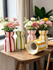 1pc Classic Hand-Painted Striped Ceramic Vase, Modern Minimalist Ins Style Creative Hand-Painted Flower Arrangement Decor, Multi-Functional Decorative Ornament For Living Room, Entryway, Office, Atmosphere Photography Prop - Multicolor - View 5