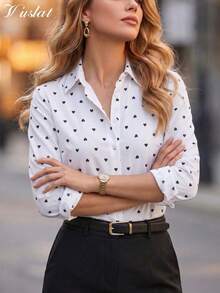 Vuslat 女款秋季法式寬鬆休閒粉色條紋鈕扣襯衫，翻領長袖上衣，適合日常穿著、工作、度假、週末、休閒通勤，極簡風格，適用於新年、婚禮、生日派對、辦公室、情人節、開學季 - 白色 - 查看 1